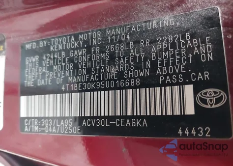 2005 Toyota Camry Xle z USA, uszkodzony, nr VIN 4T1BE30K95U016688